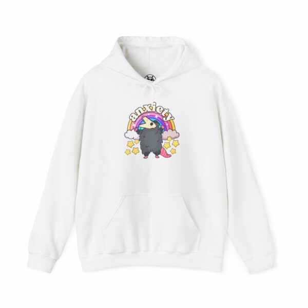 This image shows an adorable hand-drawn hoodie, Anxiety Rainbow Possum Hoodie, which is available to purchase from HunnieByte.com