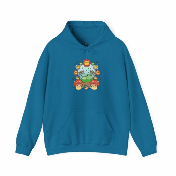 This image shows an adorable hand-drawn hoodie, Frog Paradise Hoodie, which is available to purchase from HunnieByte.com