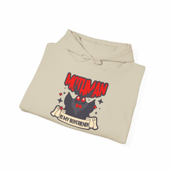 This image shows an adorable hand-drawn hoodie, Mothman Is My Boyfriend Hoodie, which is available to purchase from HunnieByte.com