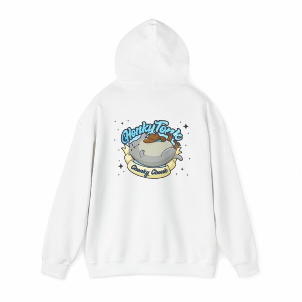 This image shows an adorable hand-drawn hoodie, Honky Tonk Chonky Chonk Meowboy Hoodie, which is available to purchase from HunnieByte.com