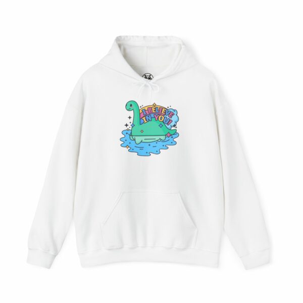 This image shows an adorable hand-drawn hoodie, I Believe In You Nessie Hoodie, which is available to purchase from HunnieByte.com