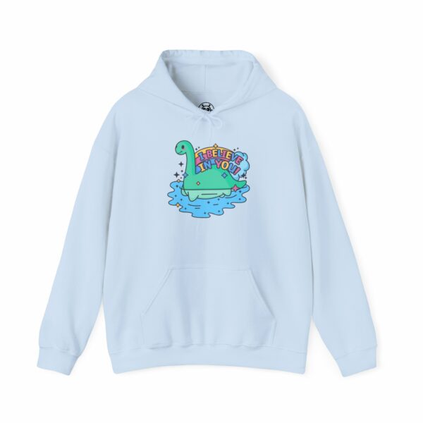 This image shows an adorable hand-drawn hoodie, I Believe In You Nessie Hoodie, which is available to purchase from HunnieByte.com