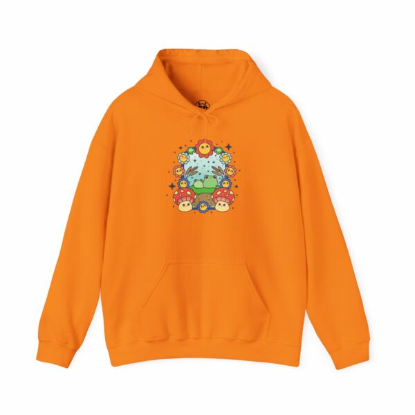 This image shows an adorable hand-drawn hoodie, Frog Paradise Hoodie, which is available to purchase from HunnieByte.com