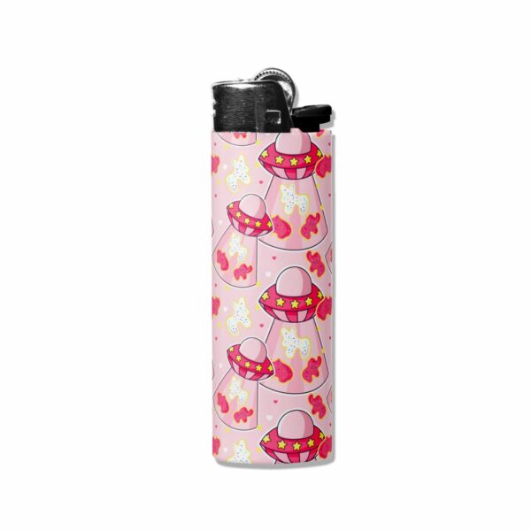 This image shows an adorable hand-drawn lighter wrap, Animal Cookie UFO Lighter Wrap, which is available to purchase from HunnieByte.com