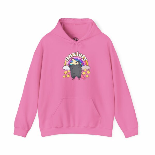 This image shows an adorable hand-drawn hoodie, Anxiety Rainbow Possum Hoodie, which is available to purchase from HunnieByte.com