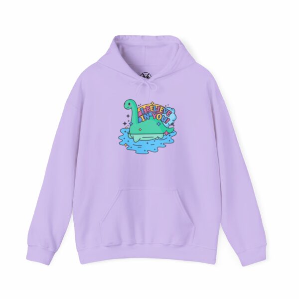 This image shows an adorable hand-drawn hoodie, I Believe In You Nessie Hoodie, which is available to purchase from HunnieByte.com