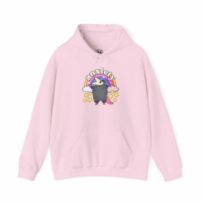 This image shows an adorable hand-drawn hoodie, Anxiety Rainbow Possum Hoodie, which is available to purchase from HunnieByte.com