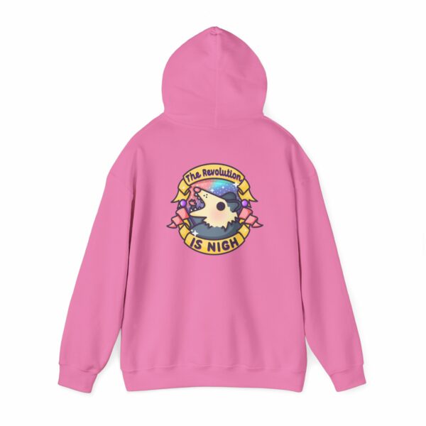 This image shows an adorable hand-drawn hoodie, The Revolution Is Nigh Possum Hoodie, which is available to purchase from HunnieByte.com