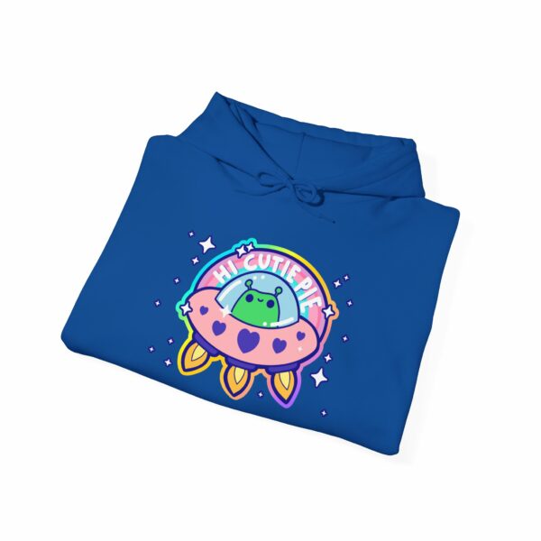 This image shows an adorable hand-drawn hoodie, Hi Cutie Pie Alien Hoodie, which is available to purchase from HunnieByte.com