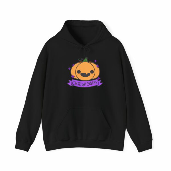 This image shows an adorable hand-drawn hoodie, Cute But Creepy Pumpkin Hoodie, which is available to purchase from HunnieByte.com