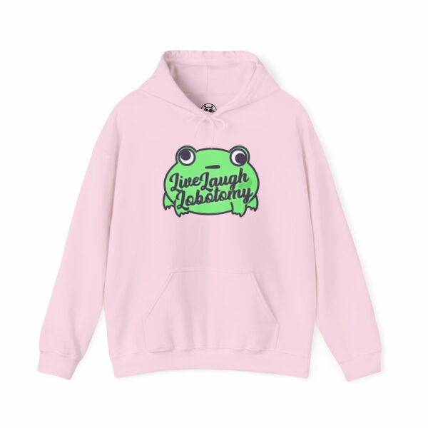 This image shows an adorable hand-drawn hoodie, Live Laugh Lobotomy Frog Hoodie, which is available to purchase from HunnieByte.com