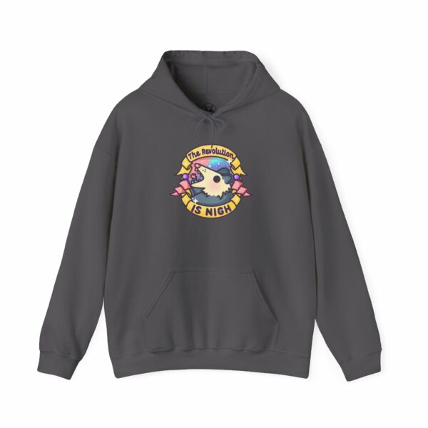 This image shows an adorable hand-drawn hoodie, The Revolution Is Nigh Possum Hoodie, which is available to purchase from HunnieByte.com