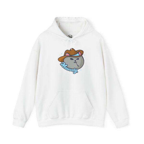 This image shows an adorable hand-drawn hoodie, Meowdy Meowboy Hoodie, which is available to purchase from HunnieByte.com