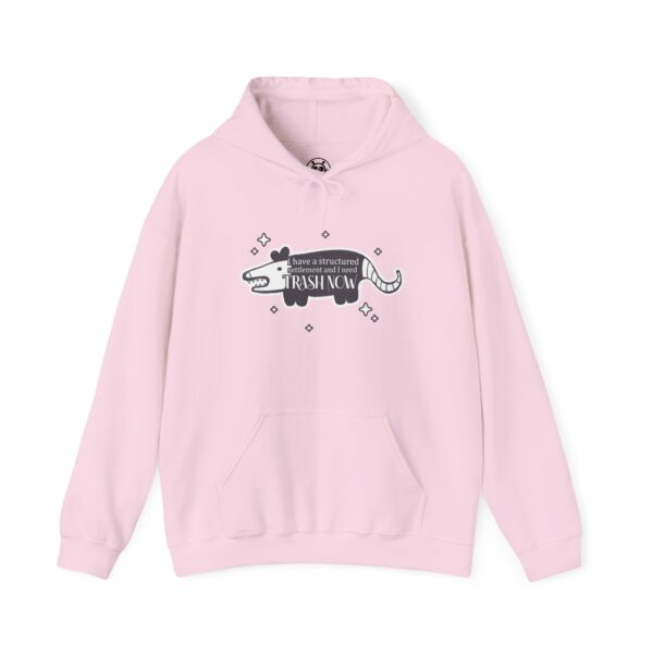 This image shows an adorable hand-drawn hoodie, Trash Now Possum Hoodie, which is available to purchase from HunnieByte.com