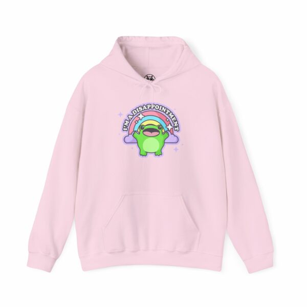 This image shows an adorable hand-drawn hoodie, Im A Disappointment Boopie The Frog Hoodie, which is available to purchase from HunnieByte.com