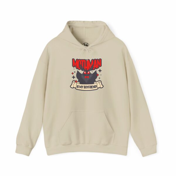 This image shows an adorable hand-drawn hoodie, Mothman Is My Boyfriend Hoodie, which is available to purchase from HunnieByte.com