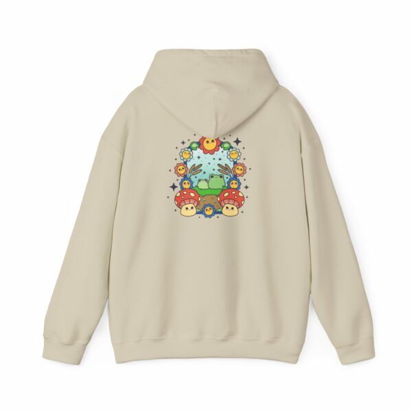 This image shows an adorable hand-drawn hoodie, Frog Paradise Hoodie, which is available to purchase from HunnieByte.com