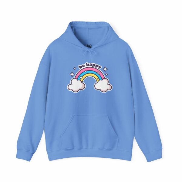 This image shows an adorable hand-drawn hoodie, Be Happy Rainbow Hoodie, which is available to purchase from HunnieByte.com