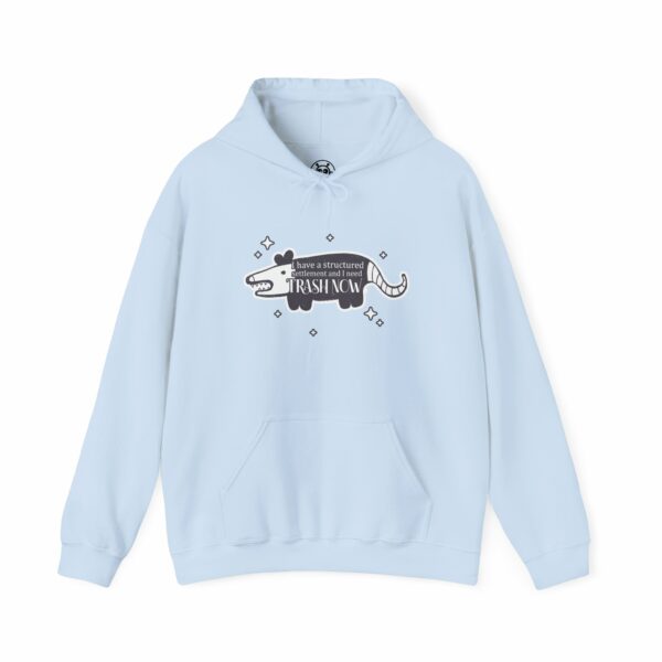 This image shows an adorable hand-drawn hoodie, Trash Now Possum Hoodie, which is available to purchase from HunnieByte.com