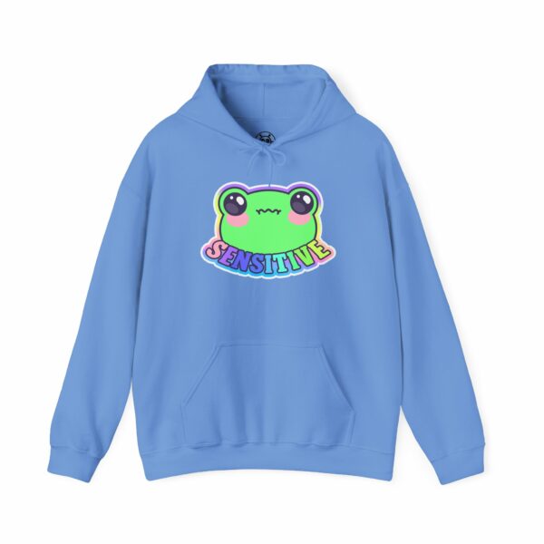 This image shows an adorable hand-drawn hoodie, Sensitive Frog Hoodie, which is available to purchase from HunnieByte.com