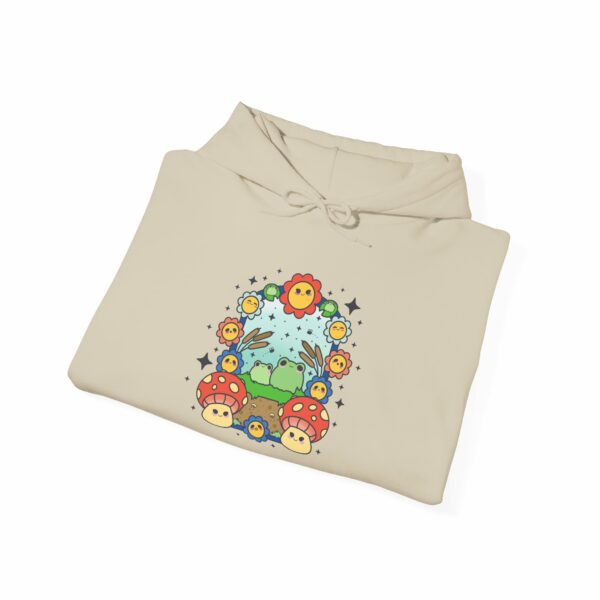 This image shows an adorable hand-drawn hoodie, Frog Paradise Hoodie, which is available to purchase from HunnieByte.com