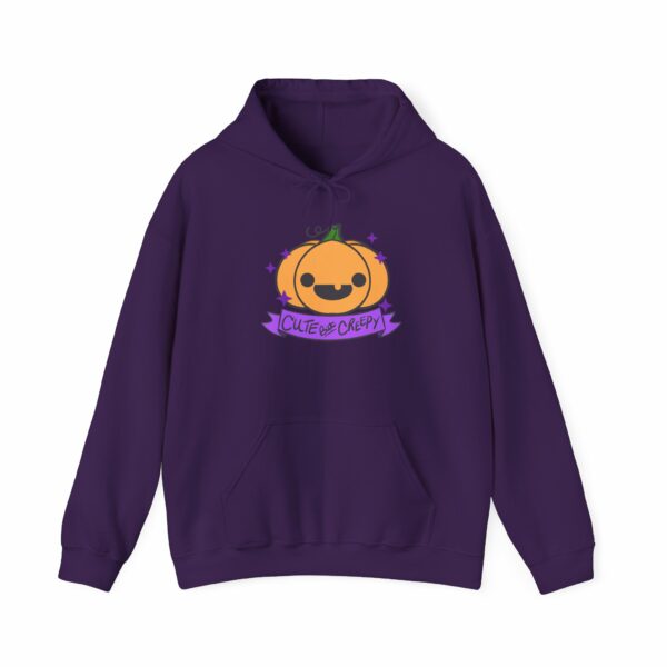 This image shows an adorable hand-drawn hoodie, Cute But Creepy Pumpkin Hoodie, which is available to purchase from HunnieByte.com