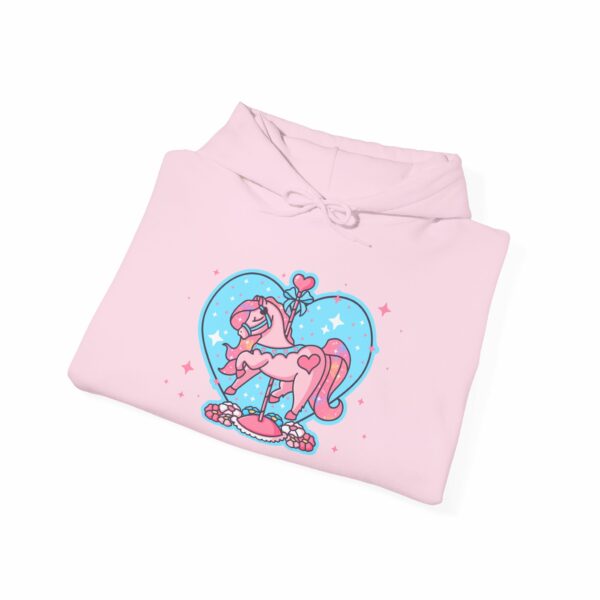 This image shows an adorable hand-drawn hoodie, Twinkle Heart Carousel Horse Hoodie, which is available to purchase from HunnieByte.com