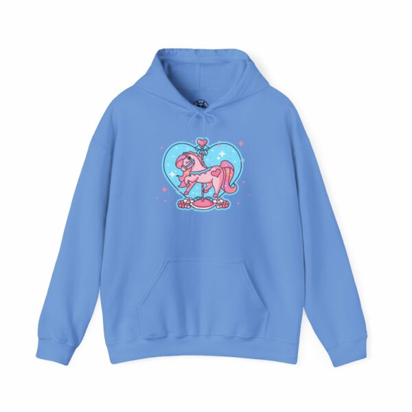 This image shows an adorable hand-drawn hoodie, Twinkle Heart Carousel Horse Hoodie, which is available to purchase from HunnieByte.com