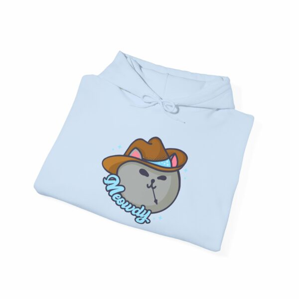 This image shows an adorable hand-drawn hoodie, Meowdy Meowboy Hoodie, which is available to purchase from HunnieByte.com