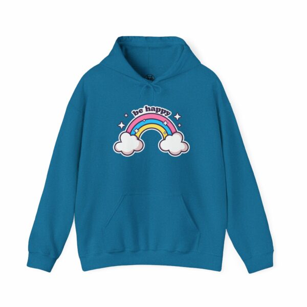 This image shows an adorable hand-drawn hoodie, Be Happy Rainbow Hoodie, which is available to purchase from HunnieByte.com