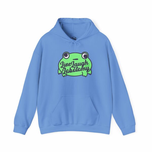 This image shows an adorable hand-drawn hoodie, Live Laugh Lobotomy Frog Hoodie, which is available to purchase from HunnieByte.com