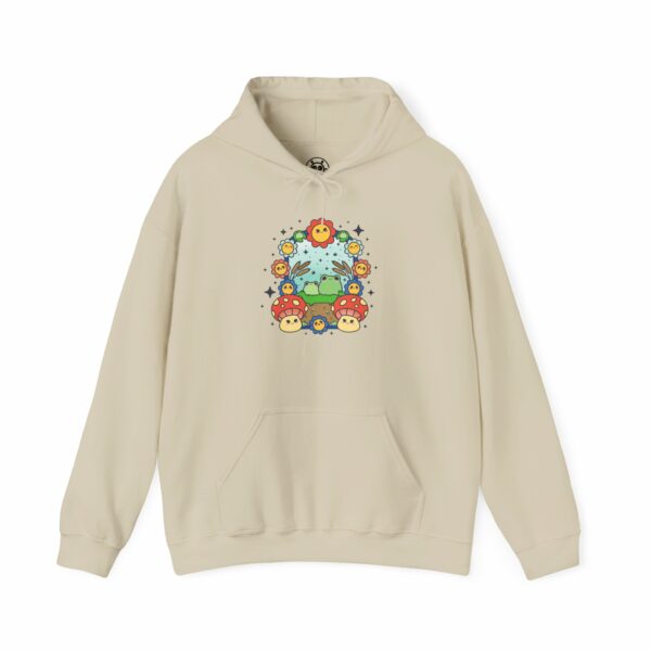 This image shows an adorable hand-drawn hoodie, Frog Paradise Hoodie, which is available to purchase from HunnieByte.com