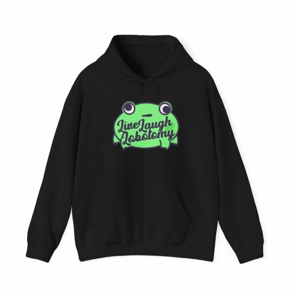 This image shows an adorable hand-drawn hoodie, Live Laugh Lobotomy Frog Hoodie, which is available to purchase from HunnieByte.com