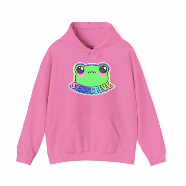 This image shows an adorable hand-drawn hoodie, Sensitive Frog Hoodie, which is available to purchase from HunnieByte.com