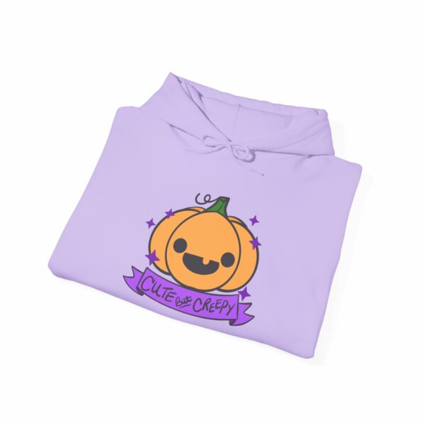 This image shows an adorable hand-drawn hoodie, Cute But Creepy Pumpkin Hoodie, which is available to purchase from HunnieByte.com