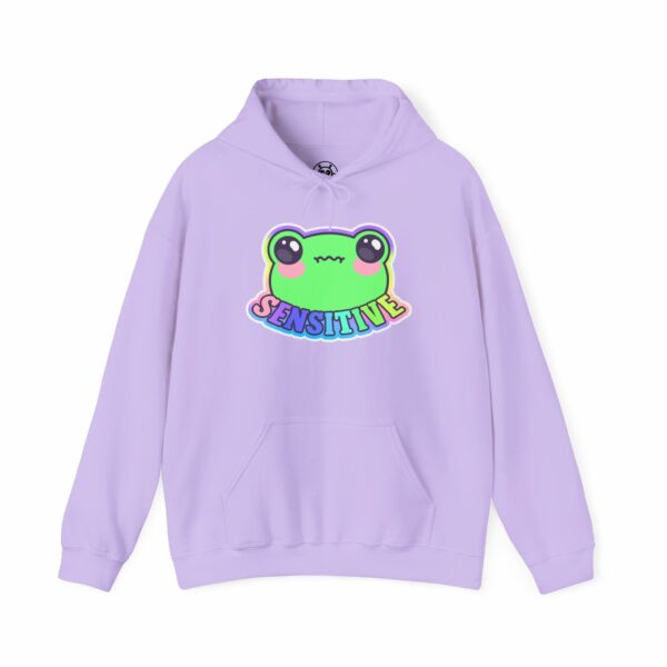 This image shows an adorable hand-drawn hoodie, Sensitive Frog Hoodie, which is available to purchase from HunnieByte.com