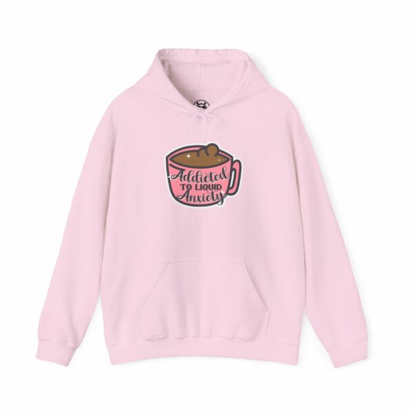 This image shows an adorable hand-drawn hoodie, Addicted To Liquid Anxiety Hoodie, which is available to purchase from HunnieByte.com