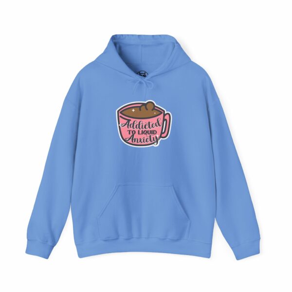 This image shows an adorable hand-drawn hoodie, Addicted To Liquid Anxiety Hoodie, which is available to purchase from HunnieByte.com