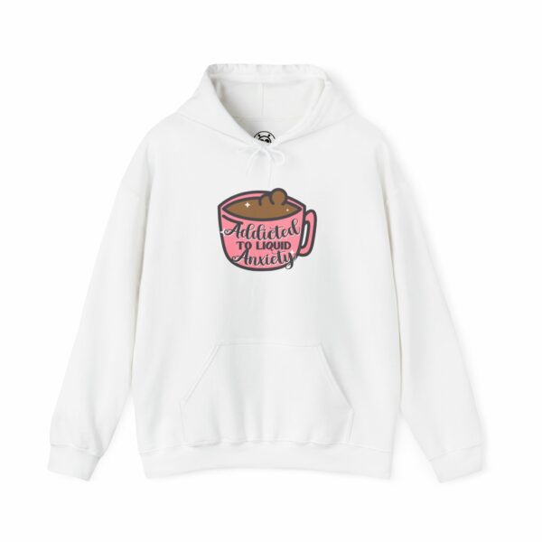 This image shows an adorable hand-drawn hoodie, Addicted To Liquid Anxiety Hoodie, which is available to purchase from HunnieByte.com