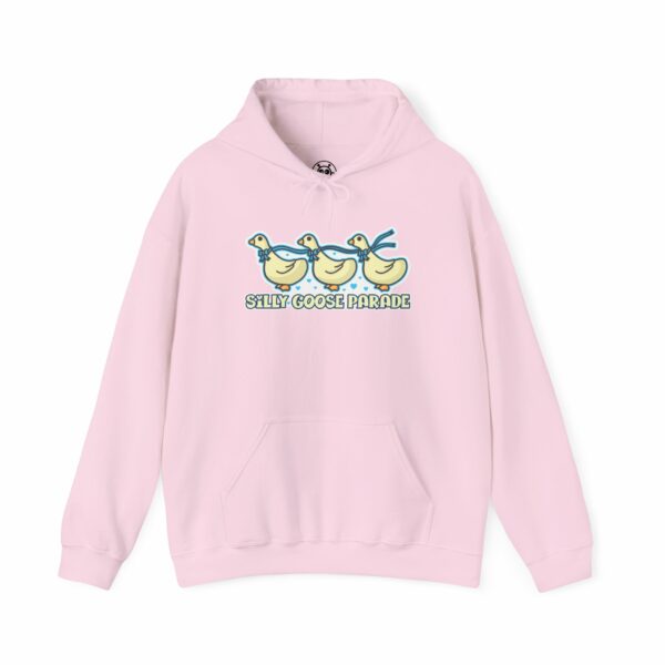 This image shows an adorable hand-drawn hoodie, Silly Goose Parade Hoodie, which is available to purchase from HunnieByte.com