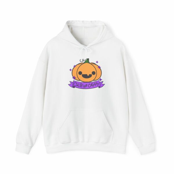 This image shows an adorable hand-drawn hoodie, Cute But Creepy Pumpkin Hoodie, which is available to purchase from HunnieByte.com