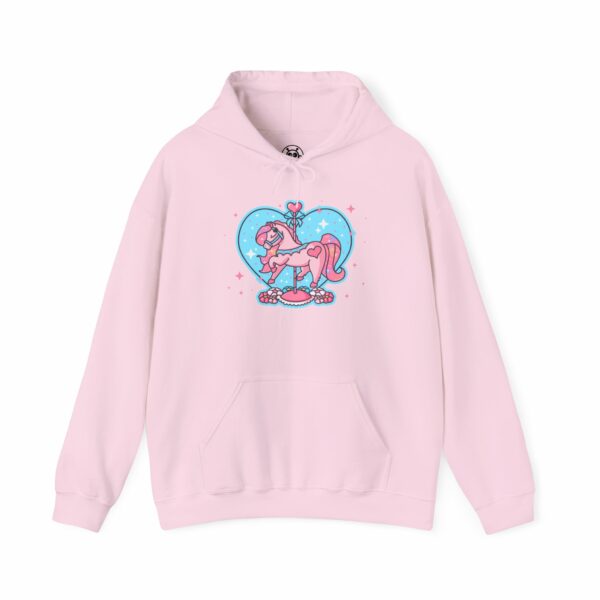 This image shows an adorable hand-drawn hoodie, Twinkle Heart Carousel Horse Hoodie, which is available to purchase from HunnieByte.com