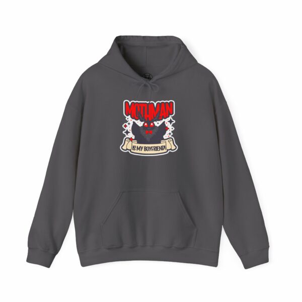 This image shows an adorable hand-drawn hoodie, Mothman Is My Boyfriend Hoodie, which is available to purchase from HunnieByte.com