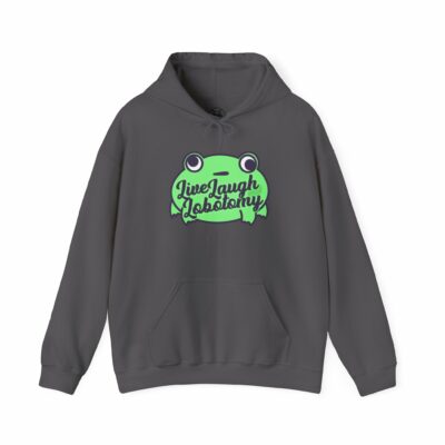 This image shows an adorable hand-drawn hoodie, Live Laugh Lobotomy Frog Hoodie, which is available to purchase from HunnieByte.com