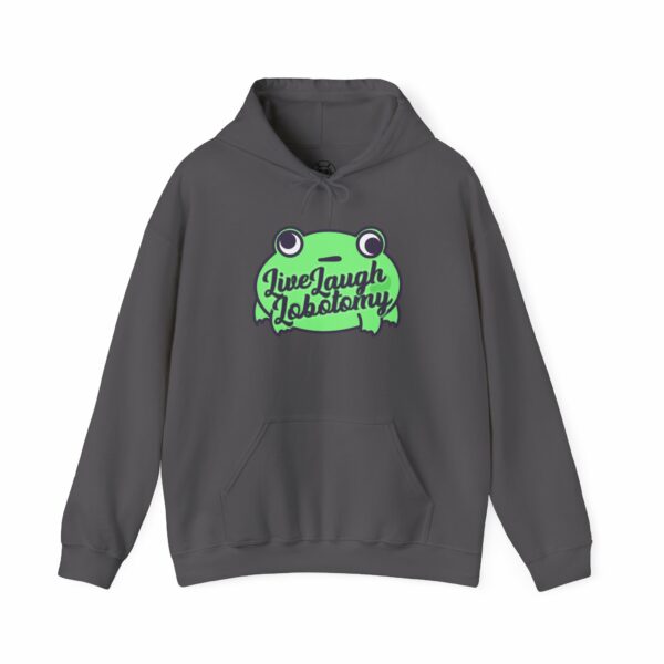 This image shows an adorable hand-drawn hoodie, Live Laugh Lobotomy Frog Hoodie, which is available to purchase from HunnieByte.com