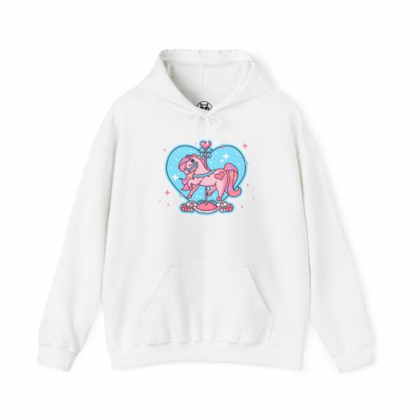 This image shows an adorable hand-drawn hoodie, Twinkle Heart Carousel Horse Hoodie, which is available to purchase from HunnieByte.com