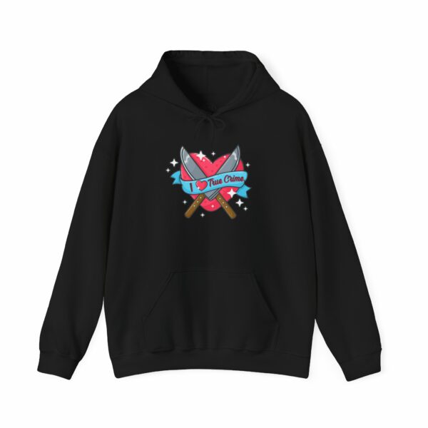 This image shows an adorable hand-drawn hoodie, I Love True Crime Hoodie, which is available to purchase from HunnieByte.com