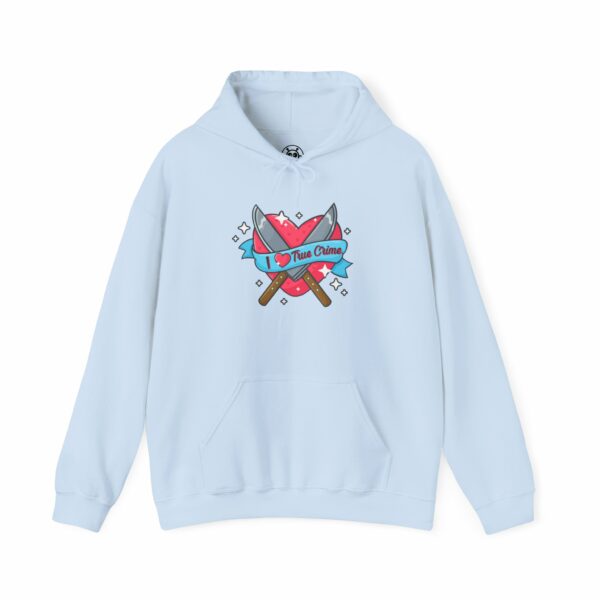 This image shows an adorable hand-drawn hoodie, I Love True Crime Hoodie, which is available to purchase from HunnieByte.com