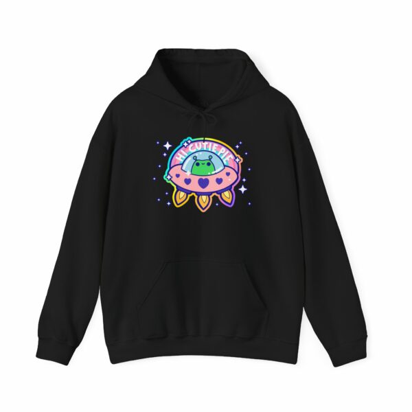 This image shows an adorable hand-drawn hoodie, Hi Cutie Pie Alien Hoodie, which is available to purchase from HunnieByte.com