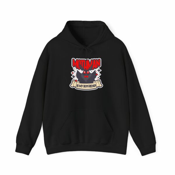 This image shows an adorable hand-drawn hoodie, Mothman Is My Boyfriend Hoodie, which is available to purchase from HunnieByte.com